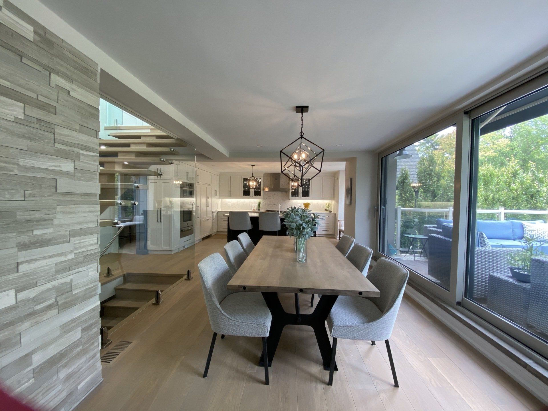 Toroonto Interior Design, Mississauga Interior Design, Clarkson Interior Design, Lorne Park Interior Design, Oakville Interior Design, Custom Interior Desisgn, Open Concept Interior Design, Open Concept kitchen, Open concept living room, opening concept dining room, patio decor, floating staircase, custom stairs, glass stairs, glass staircase
