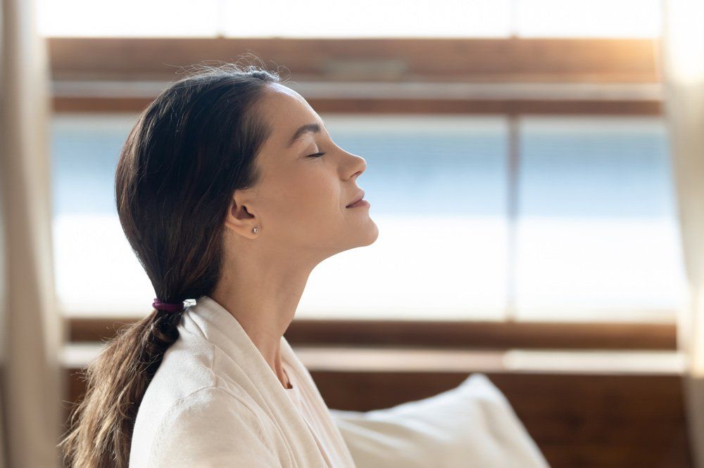 Woman Breathing Pure Air — Kalamazoo, MI — Suburban Heating & Air Conditioning Woman with eyes closed, tilted head, taking a deep breath, sitting near a sunny window.