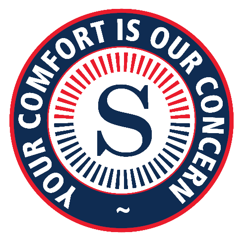 Blue, red, and white circular logo: 