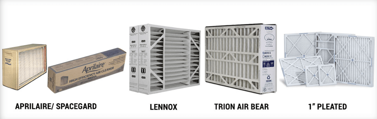 Air filter types: Aprilaire/Spacegard, Lennox, Trion Air Bear, and 1