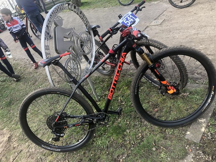 Mountainbike met zwart-rood frame en groot voorwiel geparkeerd op het gras, vlakbij andere fietsen.