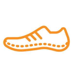 Oranje omtrek van een sneakericoon met veters en een gestippelde zool.