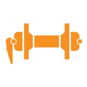 Oranje halterpictogram met gewichtsschijven aan beide uiteinden en een centrale halterstang.