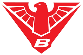 Rood B-logo met een adelaar in het midden van een rood driehoekig embleem.