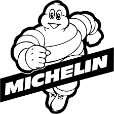 Zwart-wit Michelin-mannetje-logo dat over een opvallend MICHELIN-woordmerk heen leunt.