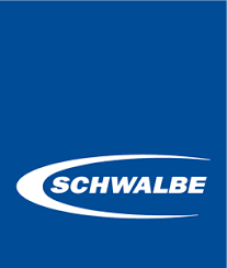 Schwalbe-logo in wit op een blauwe achtergrond