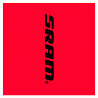 Rood Sram-logo op een felrode vierkante achtergrond, verticaal gedraaid.