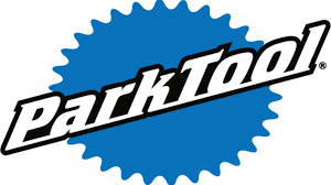 ParkTool-logo in zwart-wit op een blauwe achtergrond in de vorm van een tandwiel.