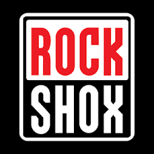 RockShox-logo in rood en wit op een zwarte vierkante achtergrond.