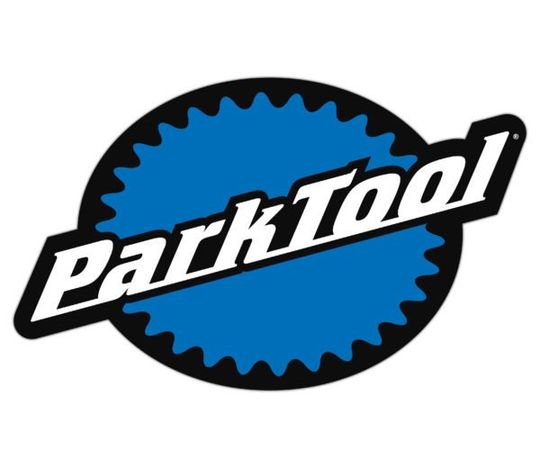 Park Tool-logo: witte, schuine tekst boven een blauw tandwiel in een zwart ovaal.