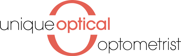 The logo for unique optical optometrist is red and black