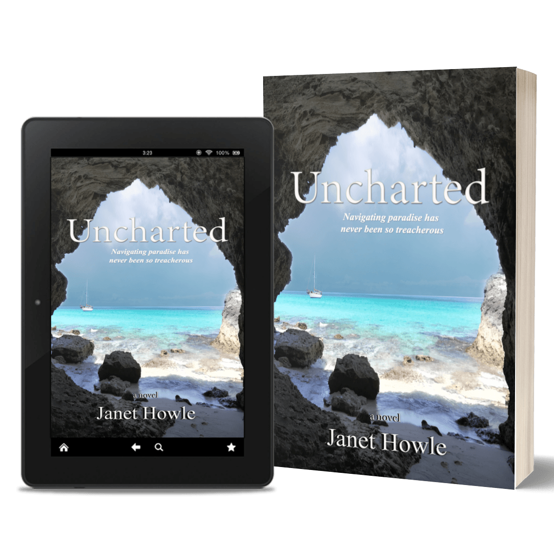 A tablet and a book titled uncharted by janet howle