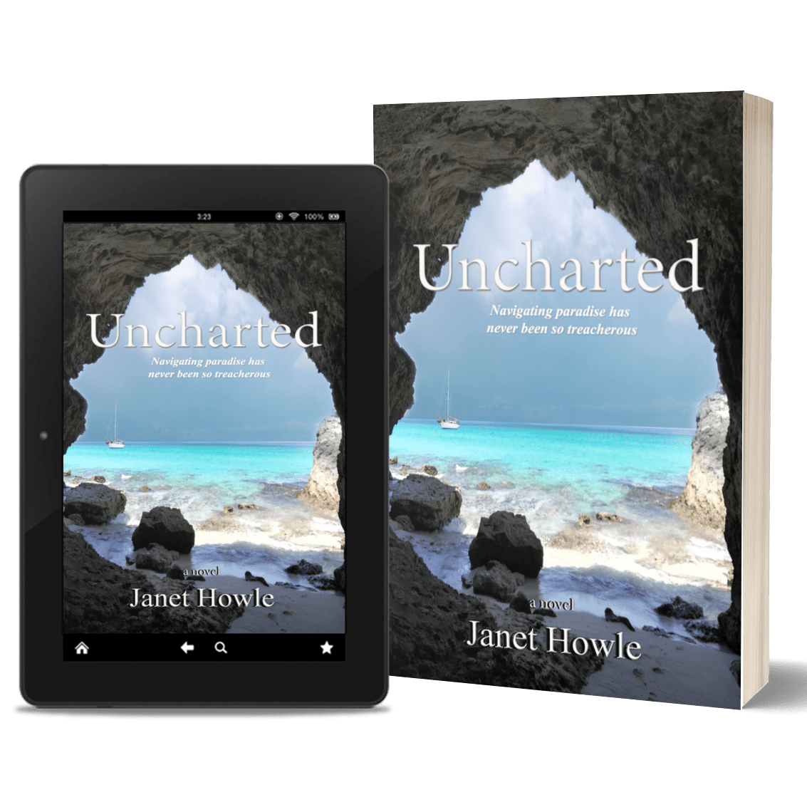 A tablet and a book titled uncharted by janet howle.