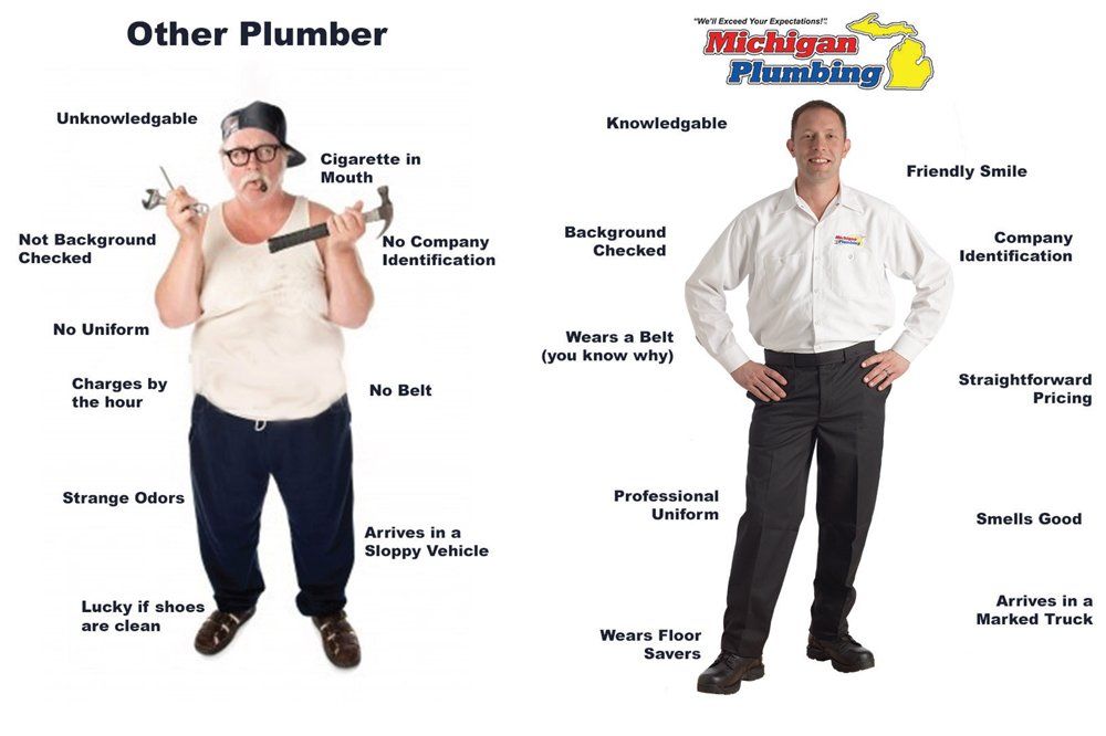 Comparison of plumbers: unkempt versus professional.
