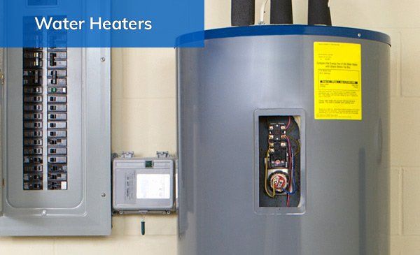 Water heater next to an electrical panel with a blue label