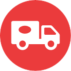 reliable reputation of service White delivery truck icon in a red circle.