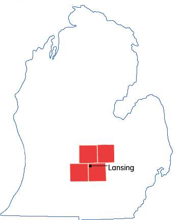 serving the mid michigan area Map of Michigan highlighting Lansing with red blocks, likely representing a geographic area.