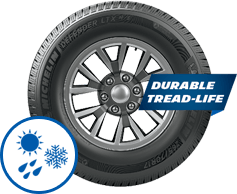 Michelin Defender LTX tire with all-season weather icon, and “Durable Tread-Life” label.