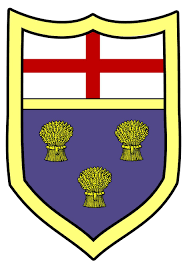 A shield with a cross and three sheaves of wheat on it.