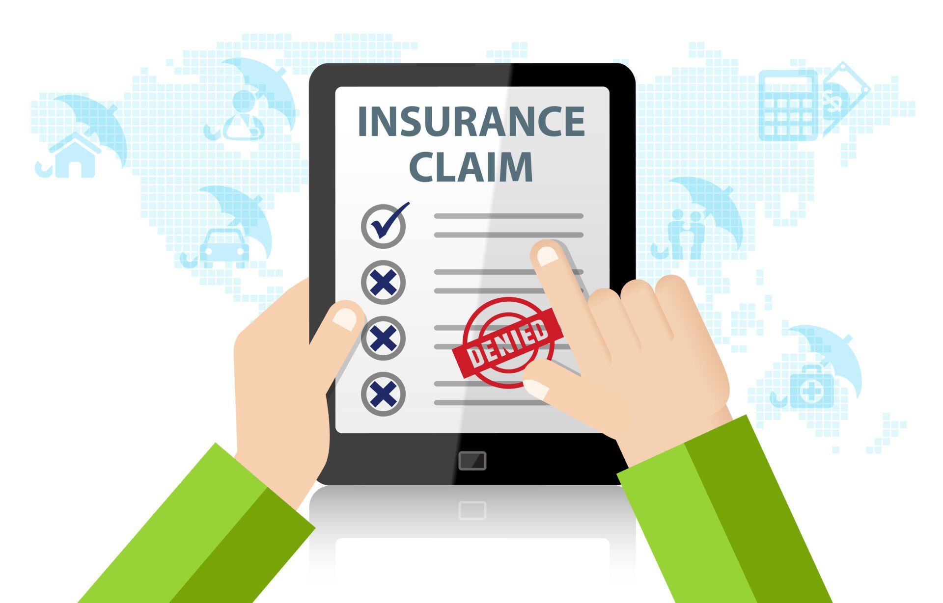 Hands holding a tablet showing an insurance claim form with a red “rejected” stamp
