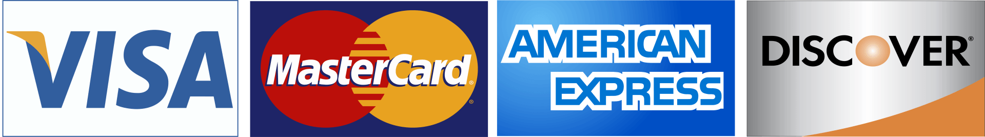 Visa, Mastercard, American Express, and Discover payment logos side by side.
