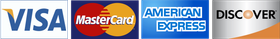 Visa, Mastercard, American Express, and Discover payment logos side by side.