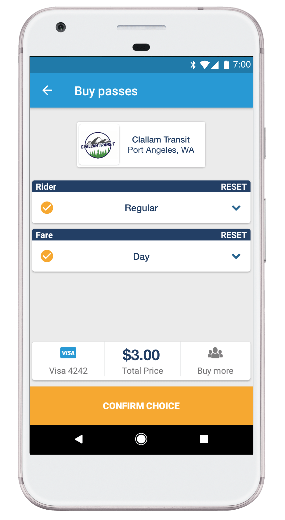 Example of the page to buy passes on the Token Transit application.