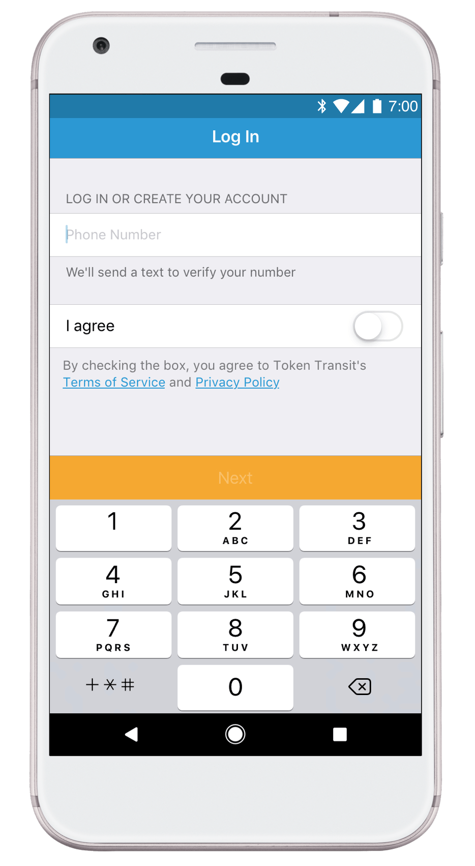 Example of login page on the Token Transit application.