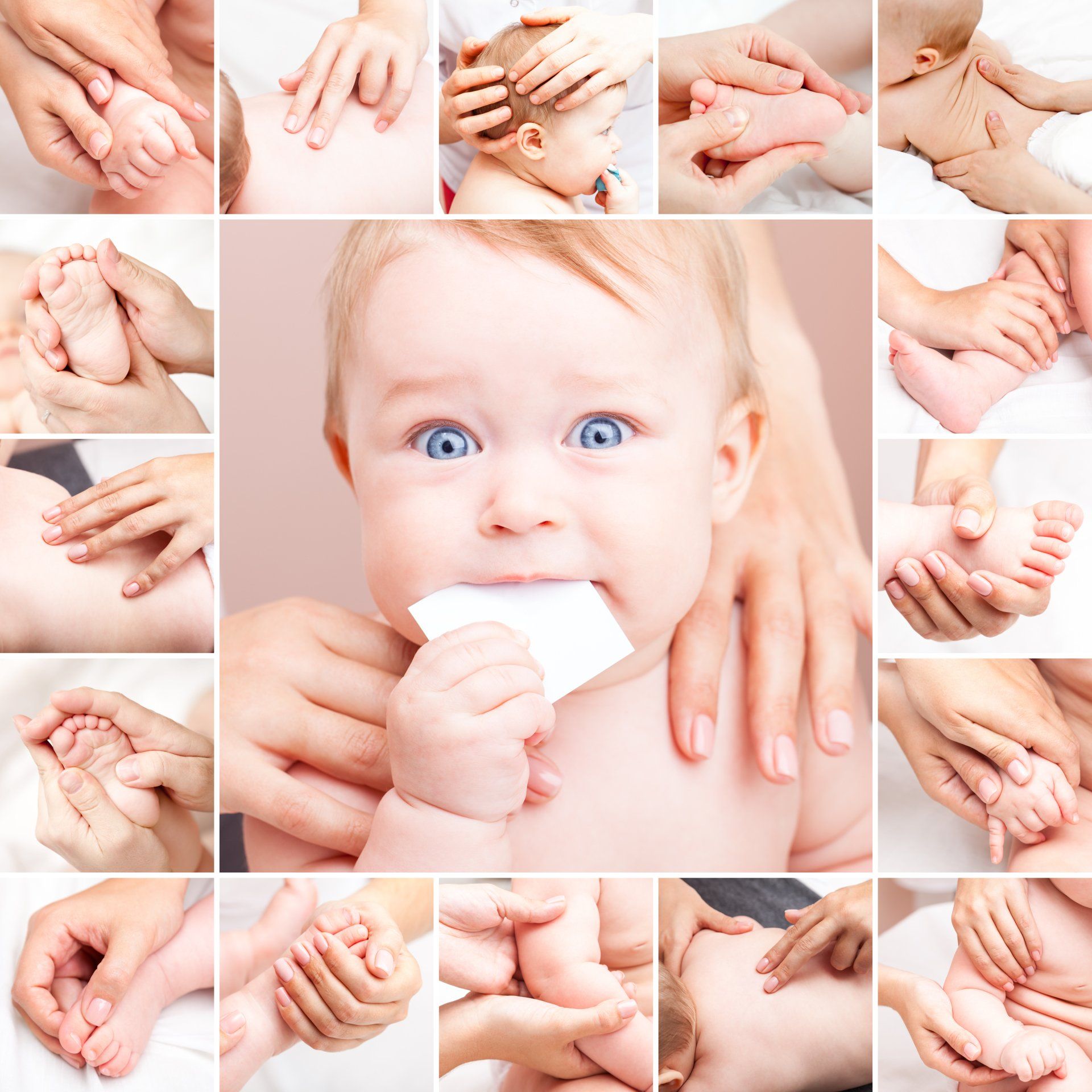 A baby is being massaged by a woman in a collage of pictures.