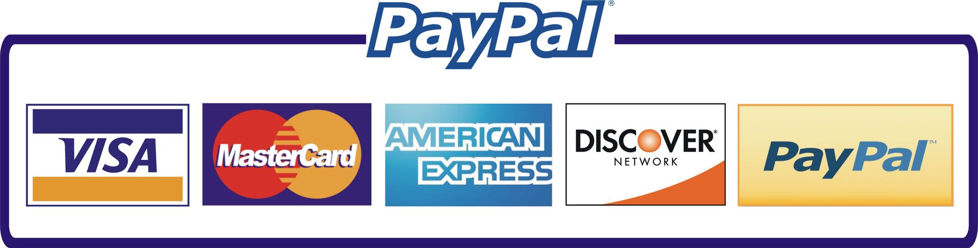 A paypal logo with logos for visa mastercard and american express