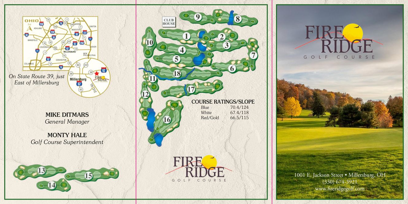 Brochure for Fire Ridge golf course. Features course map, scenic photo of the golf course with fall colors, and logo.