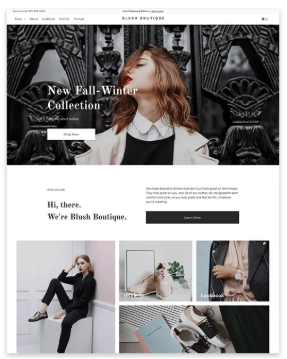 Website for Black Boutique: woman in new fall-winter collection, with product images below.