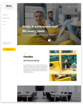 Website promoting workspace: People in bright, modern office, various settings.