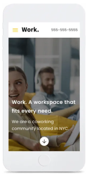Smartphone displaying a co-working space advertisement. A smiling person with another in the blurred background. Text promotes a workspace in NYC.