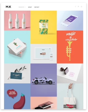 Grid of colorful product mockups: wine bottles, packaging, phone, boxes, car, stamp, and tote bag.