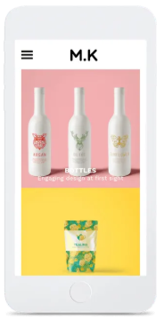 Mobile display featuring three white bottles with animal illustrations above a yellow snack bag.