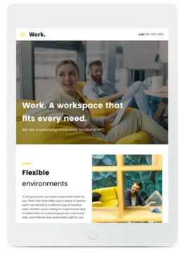 Tablet displaying a co-working space ad. Smiling people in a modern office with the headline 