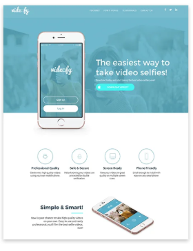 Website homepage promoting a video selfie app, featuring a phone mockup and informational icons.