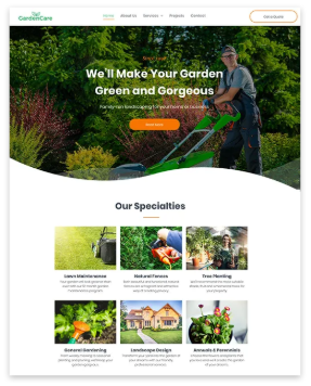 Website homepage showcasing a landscaper mowing a lawn, with 