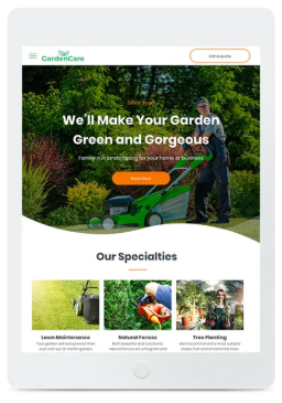 Candicare website on a tablet. Gardener mowing a lawn; services include lawn, soil, and tree care.