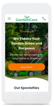 Mobile view of a gardening company's website, featuring a lawnmower, green text, and a call-to-action button.