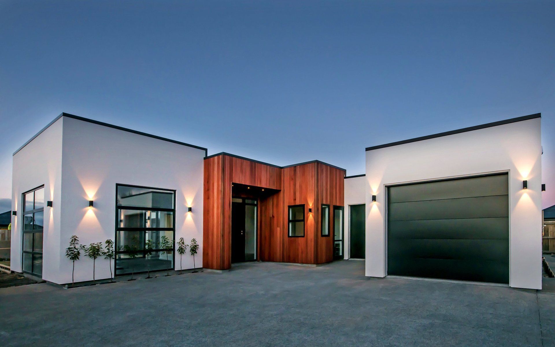 Exterior of house with outdoor lighting