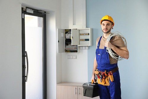 An electrician standing next to a switchboard