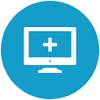 A computer monitor with a plus sign on the screen in a blue circle.