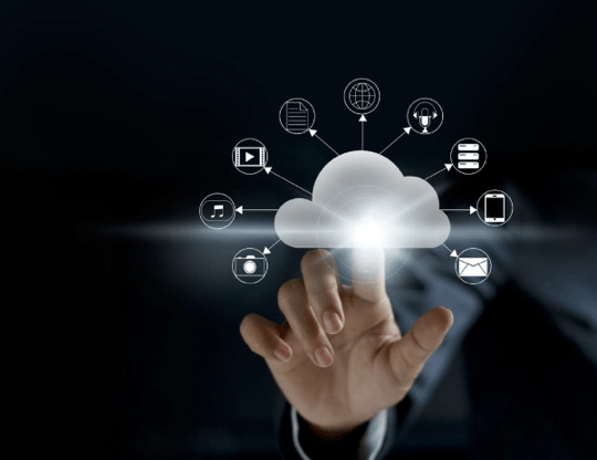 A person is touching a cloud with icons around it.