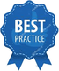 A blue ribbon with the words `` best practice '' written on it.