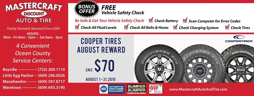 Get $70 when you buy a new set of four qualifying tires at Mastercraft Discount Auto & Tire August 2019 promotion cooper tires
