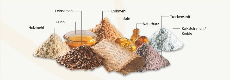 Graphik Häufchen mit Leinöl, Leinsamen, Korkmehl, Holzmehl, Jute, Naturharz, Trockenstof und Kreide