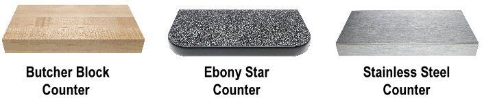 Butcher block, Ebony Star and stainless steel garage cabinet countertop samples