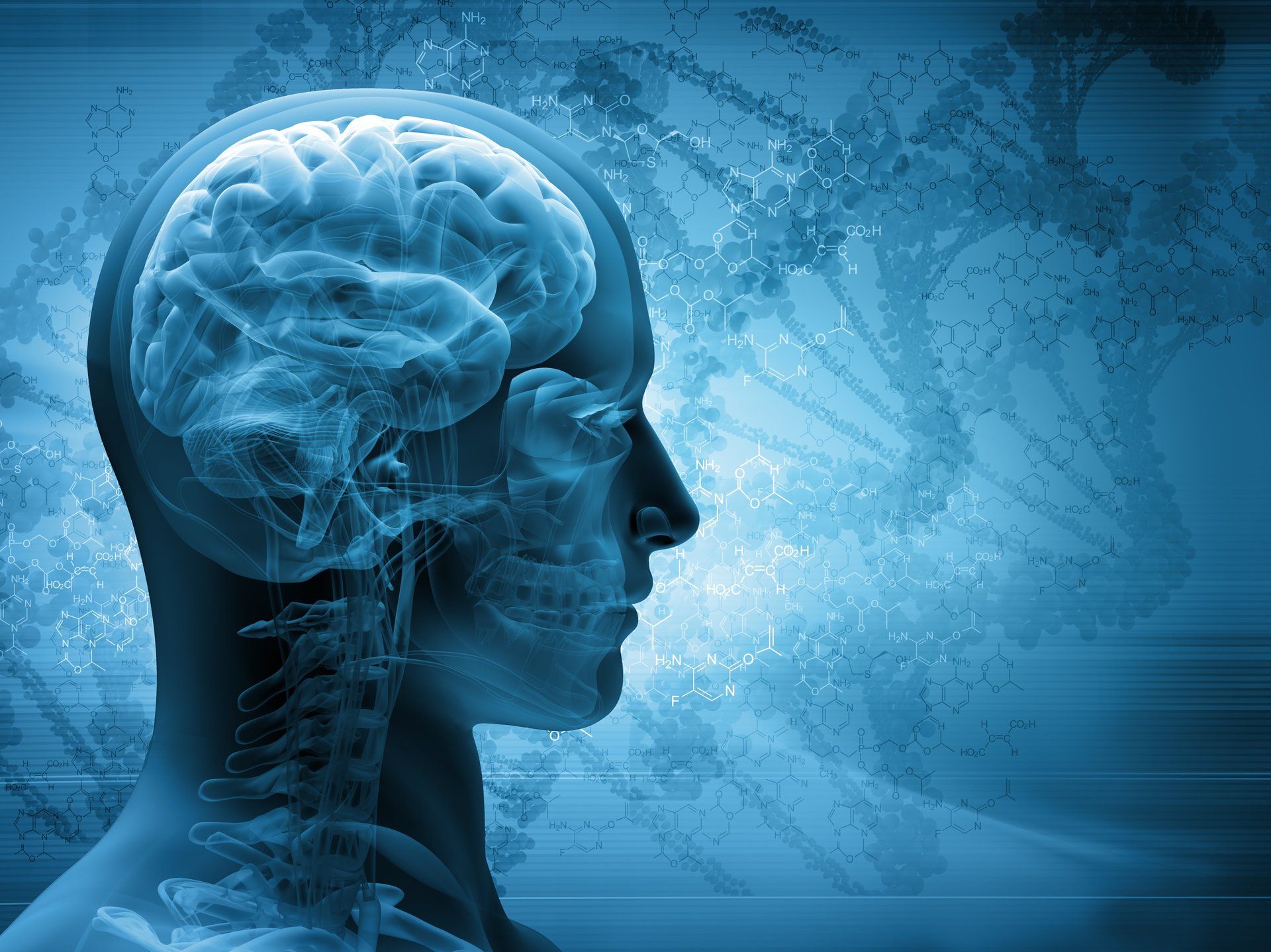 Immagine a sfondo blu con profilo umano e cervello in evidenza